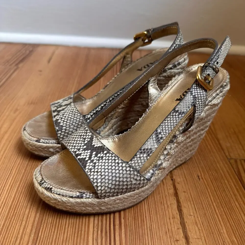 Prada Woven Espadrille Wedge Sandals in Taupe Snake Print - Picture 8 of 9